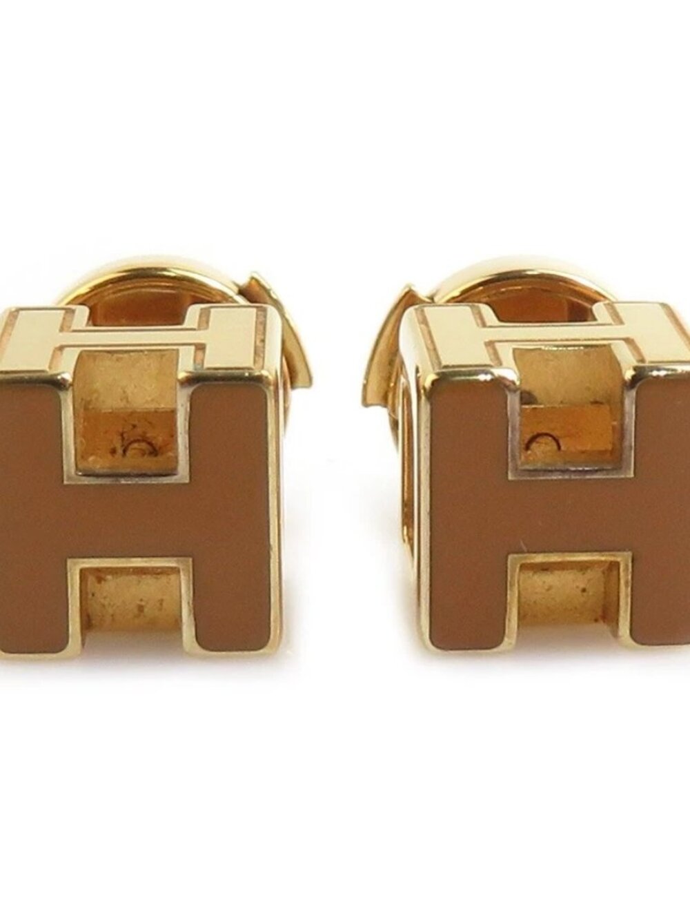 HERMES H Cube Pierce Earrings Gold/Orange Brown Metal/Enamel -